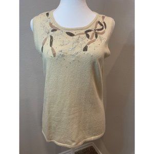 Oscar de la Renta Ivory Beaded Silk Blend Sleeveless Sweater